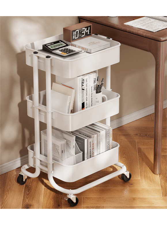 3 Tier Mesh Utility Cart Rolling Metal Organization Cart with Handle and Lockable Wheels for Kitchen Living Room Office,White