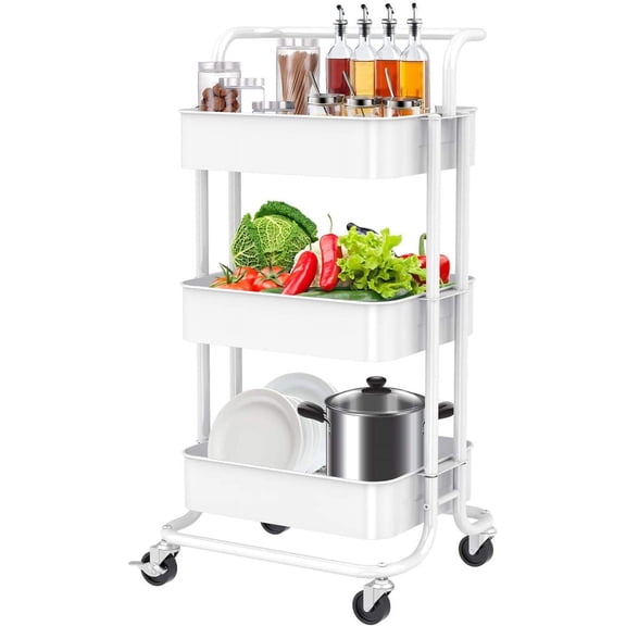 3 Tier Mesh Utility Cart Rolling Metal Organization Cart with Handle and Lockable Wheels for Kitchen Living Room Office