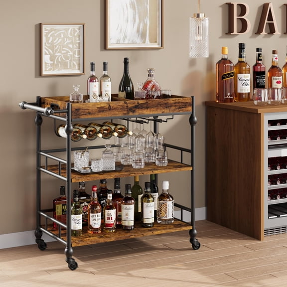 3-Tier Metal Bar Cart with Wheels, Wine Rack, Removable Tray, Glass Holder, and Storage Shelves  Rolling Serving Cart for Kitchen, Dining, or Living Room