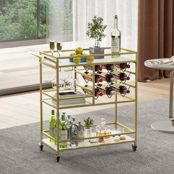 WHIFEA 3-Tier Metal Bar Cart with Wine Rack & Glass Storage, Lockable Wheels, Marble Top, 125Lbs Capacity for Home Kitchen Party, Gold