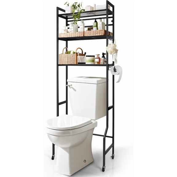 MY 3-Tier Metal Bathroom Organizer Shelf, Over The Toilet Storage,Freestanding Above Toilet Rack with Universal Wheels Toilet Paper 2 Holder Hooks,Simple Morden