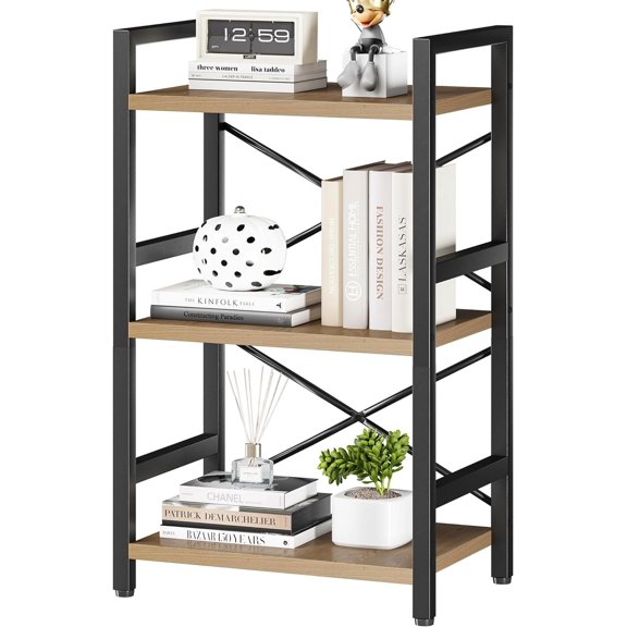 3 Tier Metal Bookshelf with X-Shaped Back Support Light Coffee