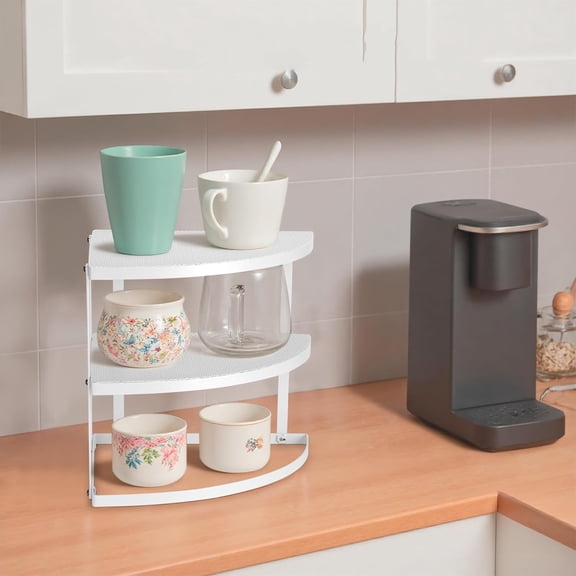 3-Tier Metal Corner Shelf Plate Organizer for Kitchen Counter & Cabinet, Corner Rack for Plates, Dishes, Pantry, and Bathroom Storage, Rust-Resistant Steel, Space-Saving Design (White)
