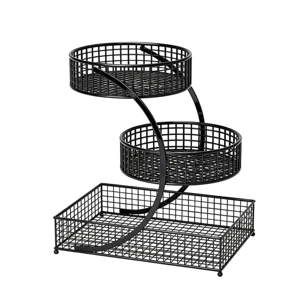 3-Tier Metal Cosmetic Organizer,Round & Rectangular Wire Basket,Vanity Storage Display Stand Holder for Perfume Skincare Toiletry Bathroom Counter,Black