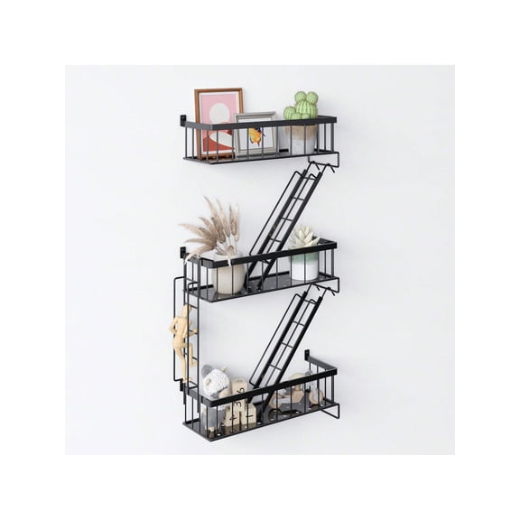 3-Tier Metal Floating Wall Shelf, Fire Escape Ladder Style Decorative Storage and Display Rack for Bedroom and Home Office, Black