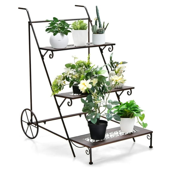 3-Tier Metal Flower Cart, Ladder Shaped Plant Stand w/ Wheels & Handle, Exquisite Pattern, Rolling Garden Cart for Indoor & Outdoor, Folding Plant Holder for Balcony Garden Porch