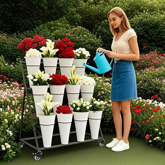 3 Tier Metal Flower Display Stand Frame with 12pcs Buckets, Flower Plant Cart Display Stand with Wheels Heavy Duty Moving Flower Rack for Patio Garden Indoor Outdoor Florist Iron Shelf