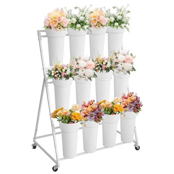 3-Tier Metal Flower Display Stand with 12 Plastic Removable Buckets and Wheels,Flower Display Cart for Indoor and Outdoor Use, White
