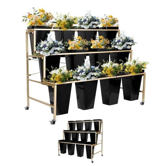 3-Tier Metal Flower Shelf for Warehouses Factories, Movable Design, 12 Buckets
