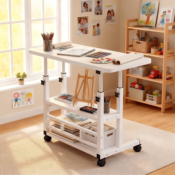 3-Tier Metal Folding Desk with Rolling Casters, Height Adjustable Expandable Desktop, Mobile Study Computer Desk for Home Office Bedroom Living Room