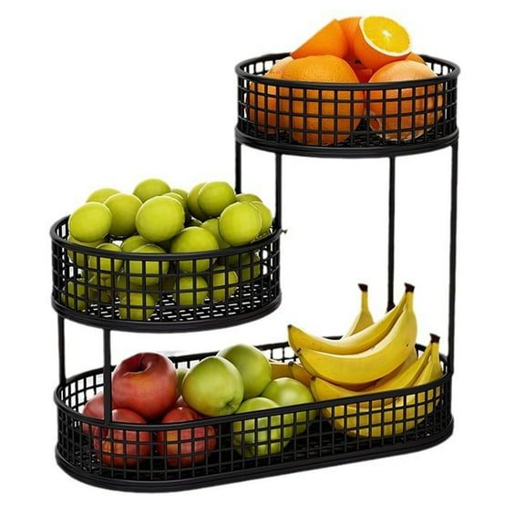 3-Tier Metal Fruit Basket - Large Capacity Breathable Mesh Black Wire Rack for Kitchen Countertop Vegetables and Snacks - Black1