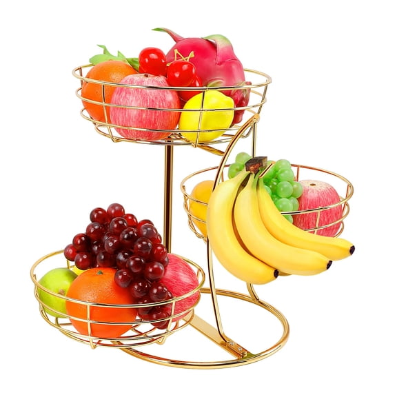 3-Tier Metal Fruit Basket with Banana Hanger - Detachable Countertop Organizer for Kitchen, Fruits Vegetables Bread Snacks Produce