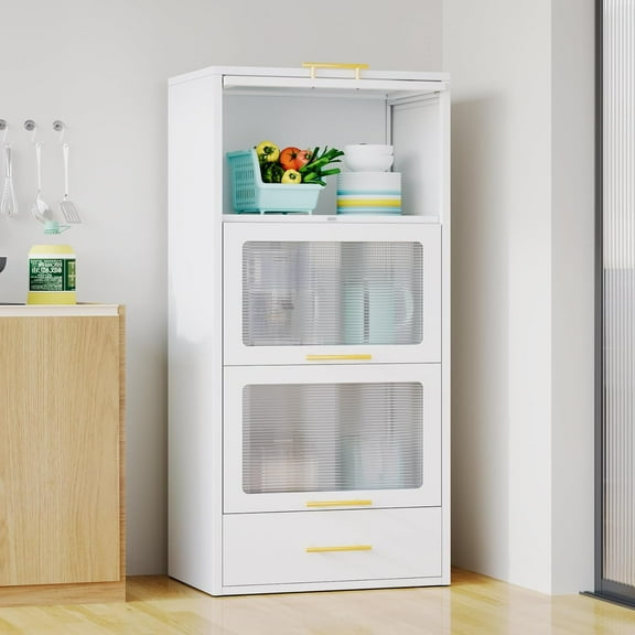3-Tier Metal Kitchen Storage Cabinet, Kitchen Pantry with a Drawer, Freestanding Microwaves Rack with Wire Hole, Flip-up Acrylic Doors for Kitchen Living Room and Dinning Room, White