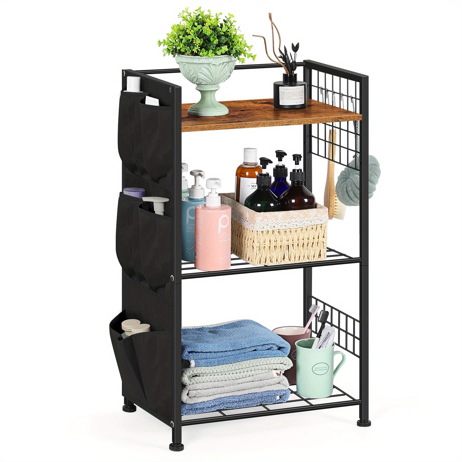 3-Tier Metal Laundry Room Shelf Organizer with Hanging Hooks - Standing ...
