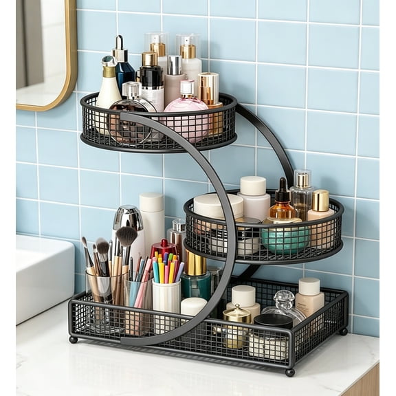 3 Tier Metal Makeup Organizer for Countertop, Multifunctional Bathroom & Kitchen Storage Basket with Raised Edge, Black Vanity Cosmetic Spice Holder