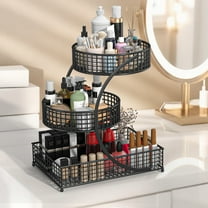 3 Tier Metal Makeup Organizer for Countertop, Multifunctional Bathroom & Kitchen Storage Basket with Raised Edge, Black Vanity Cosmetic Spice Holder