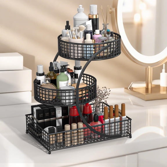 3 Tier Metal Makeup Organizer for Countertop, Multifunctional Bathroom & Kitchen Storage Basket with Raised Edge, Black Vanity Cosmetic Spice Holder