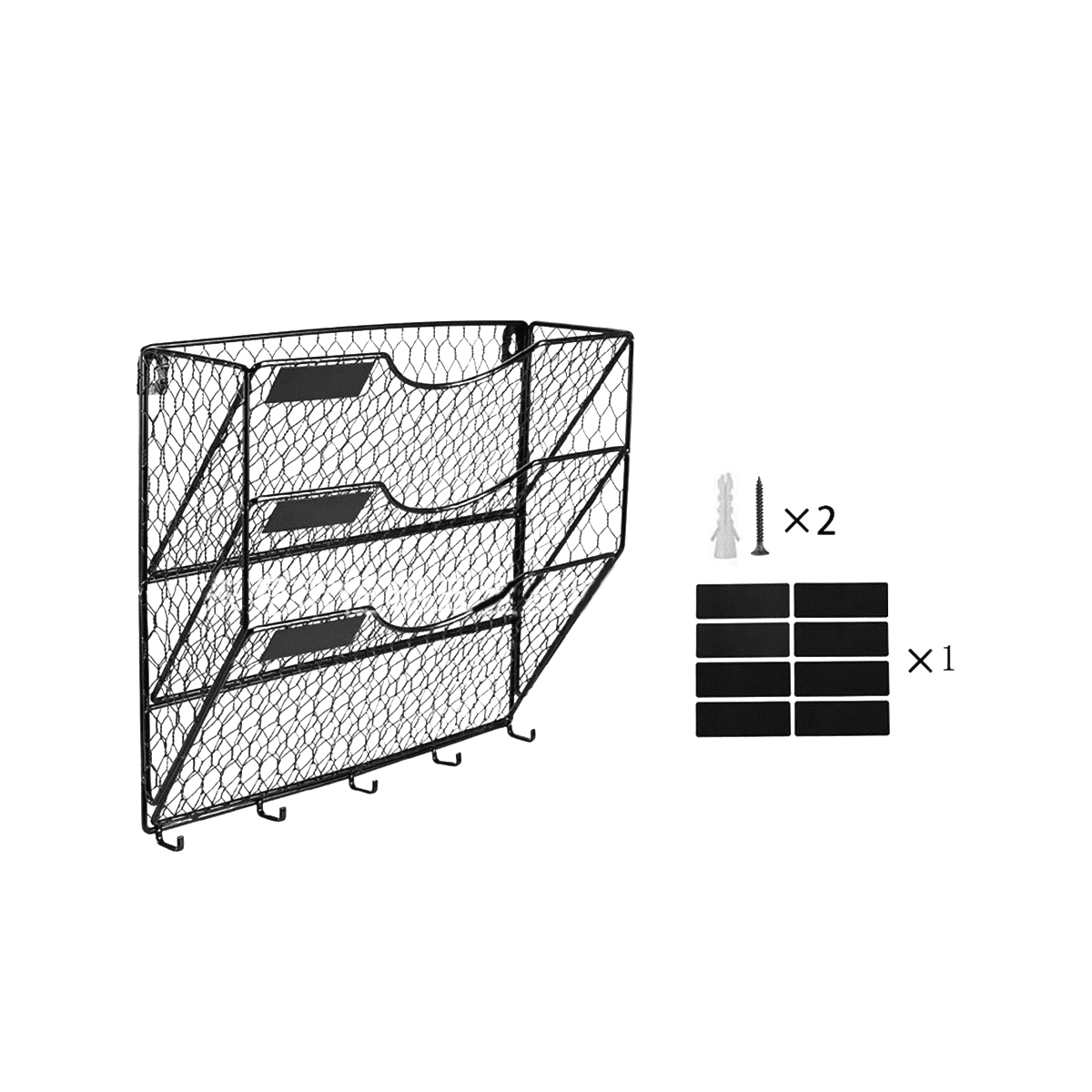 3 Tier Metal Mesh File Organizer Holder Hanging Mail Rack with Hooks