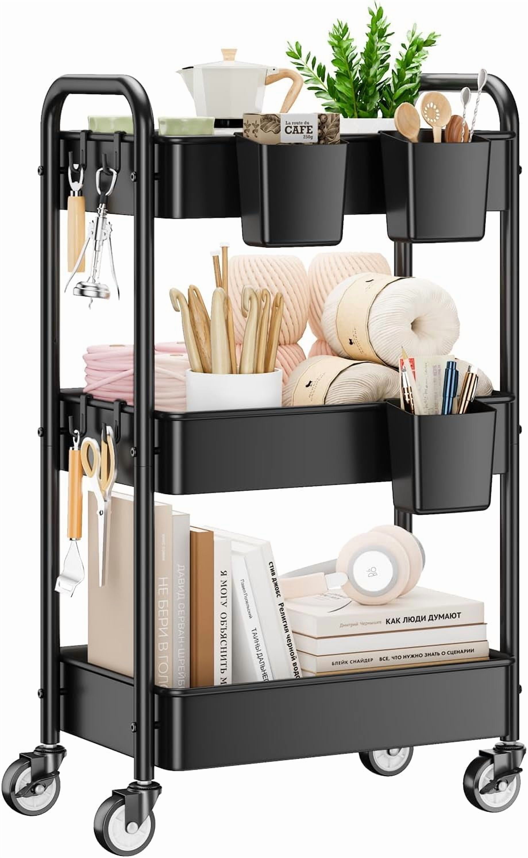 3 Tier Rolling Cart - Metal Utility Cart with Wheels, Hanging Cups, Hooks, Heavy Duty Mesh Rolling Storage Cart Organizer, Craft Cart for Kitchen Office, Lightweight and Sturdy