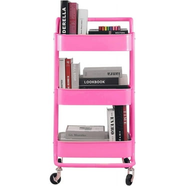 3-Tier Metal Mesh Rolling Cart Storage Organizer with Utility Handle and Wheels, Pink