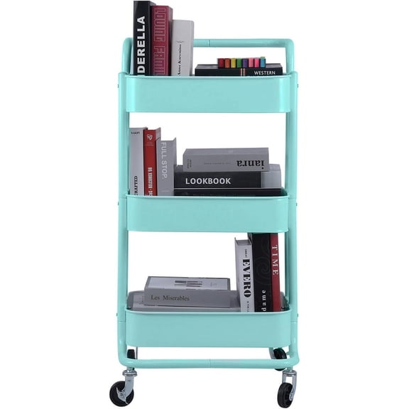 3-Tier Metal Mesh Rolling Cart Storage Organizer with Utility Handle and Wheels, Turquoise