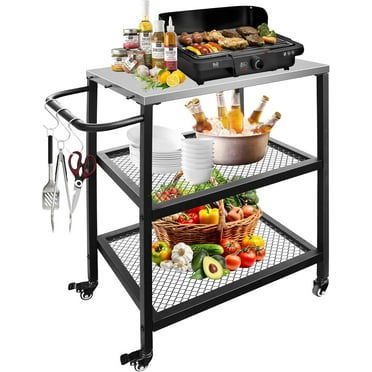 3-Tier Metal Outdoor Grill Cart With Wheels - Portable BBQ Prep Table For Pizza Oven & Cooking