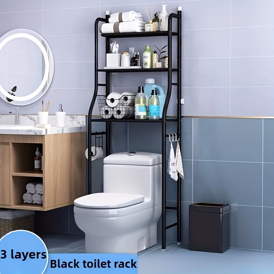 3-Tier Metal Over-the-Toilet Storage Rack, Space-Saving Bathroom Organizer with Frame, No Drilling Required, Minimalist Vertical Shelf for Small Spaces