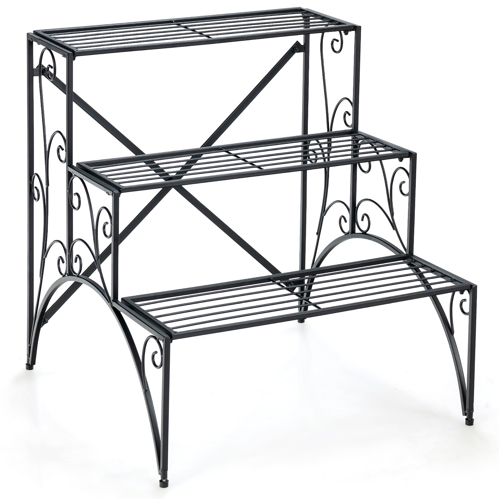 Black Iron 3-Tier Plant Stand with Widened Grid Shelves