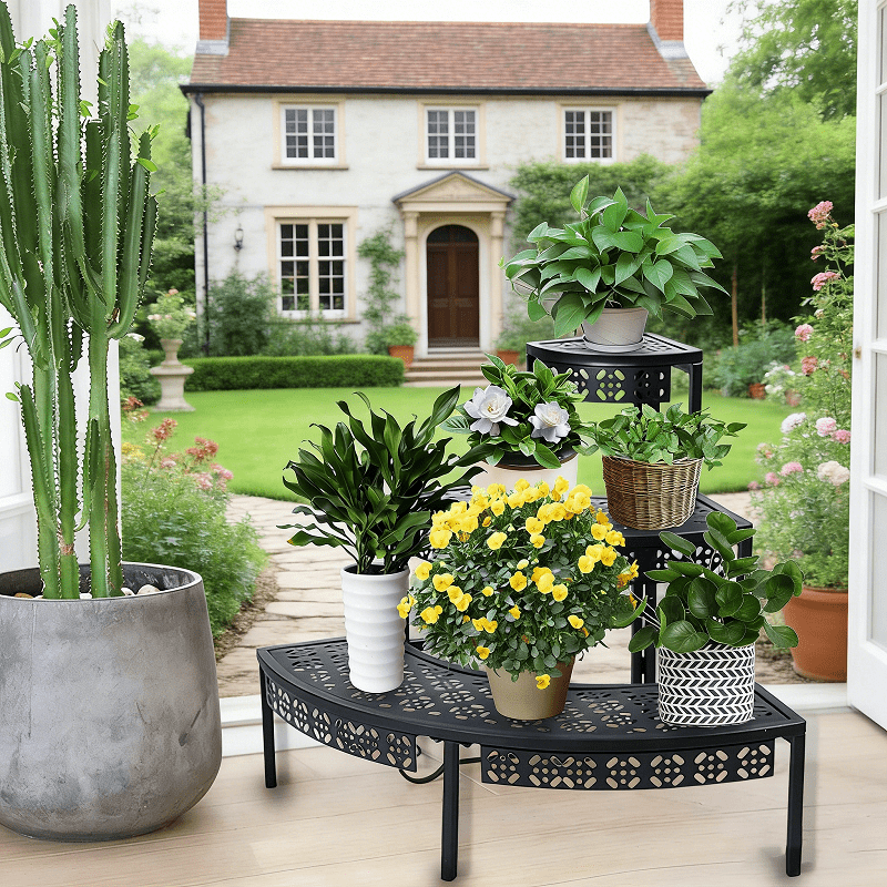 3 Tier Metal Plant Stand, Stair-Step Quarter Round Corner Shelf, Semicircle Flower Pot Rack, Indoor Outdoor Display Holder for Patio Garden Balcony Living Room (Black)