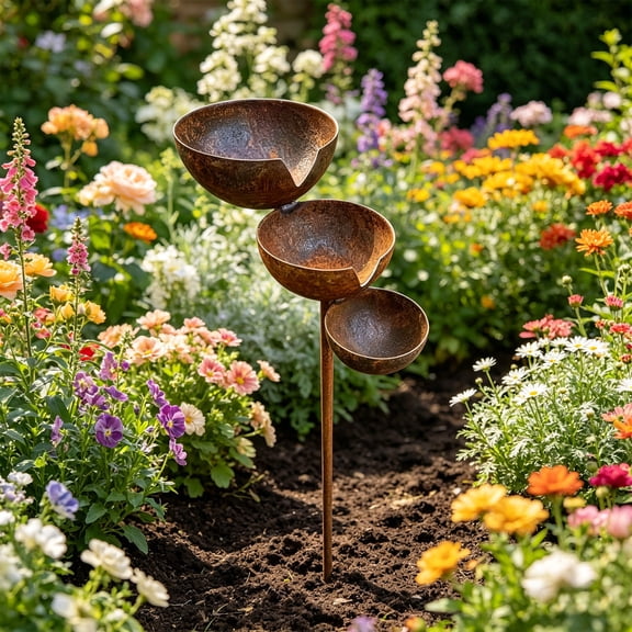 3-Tier Metal Rain Catcher Garden Stake, Rustic Outdoor Water Catcher Bird Bath Decor