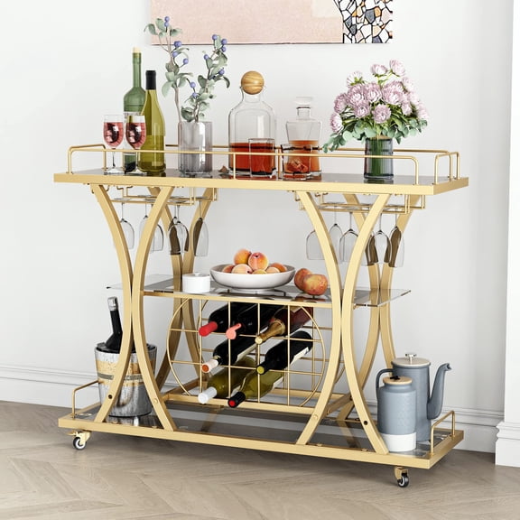3-Tier Metal Rolling Bar Cart, Silver Home Bar Serving Cart with Glass Shelves, Wine Rack and Glass Holder, Mobile Storage Serving Cart for Kitchen Dining Room Party
