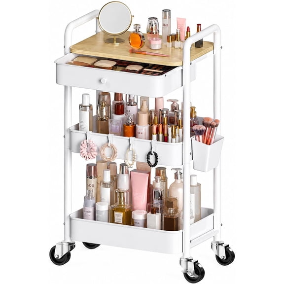 3 Tier Metal Rolling Cart with Drawers, Makeup Organizer Cart with Wheels for Care/Lash/Hair Product/Perfume, Esthetician Pedicure Carts for Techs, , Bathroom,Craft Storage Carts,White