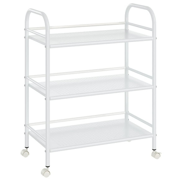 Cshidworld 3-Tier Metal Rolling Cart, Heavy Duty Multifunctional Metal Frame with 2 Lockable Wheels, Storage Rack Kitchen Cart Island with Shelves for Home Office Kitchen Bathroom Bedroom, White