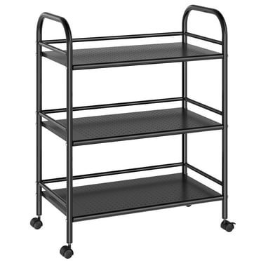 3-Tier Metal Rolling Cart, Heavy Duty Multifunctional Metal Frame with 2 Lockable Wheels, Shelving Unit Storage Rack Kitchen Cart Island with Shelves for Home Office Kitchen Bathroom Bedroom, Black