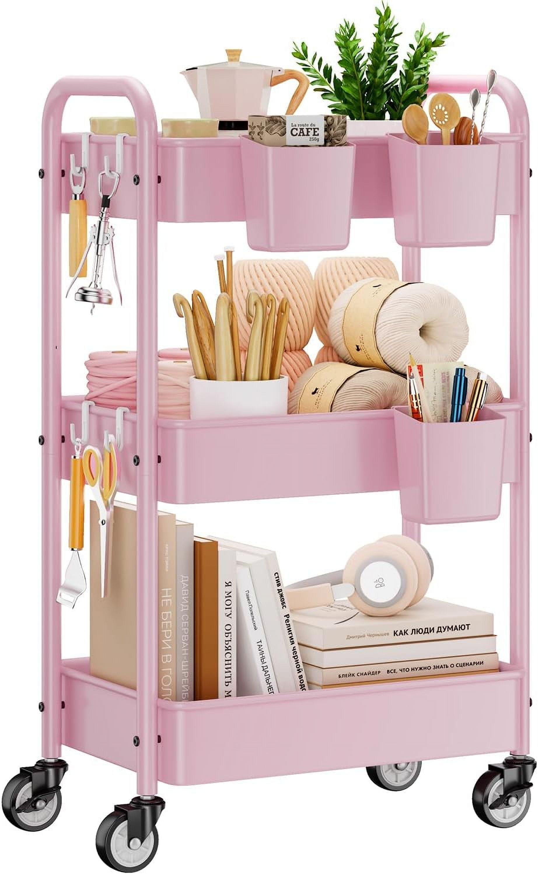 3-Tier Rolling Cart, Metal Rolling Storage Cart With Lockable Wheels Hanging Cups Hooks Mobile Trolley Kitchen Bathroom Office Workshop Green - View #11