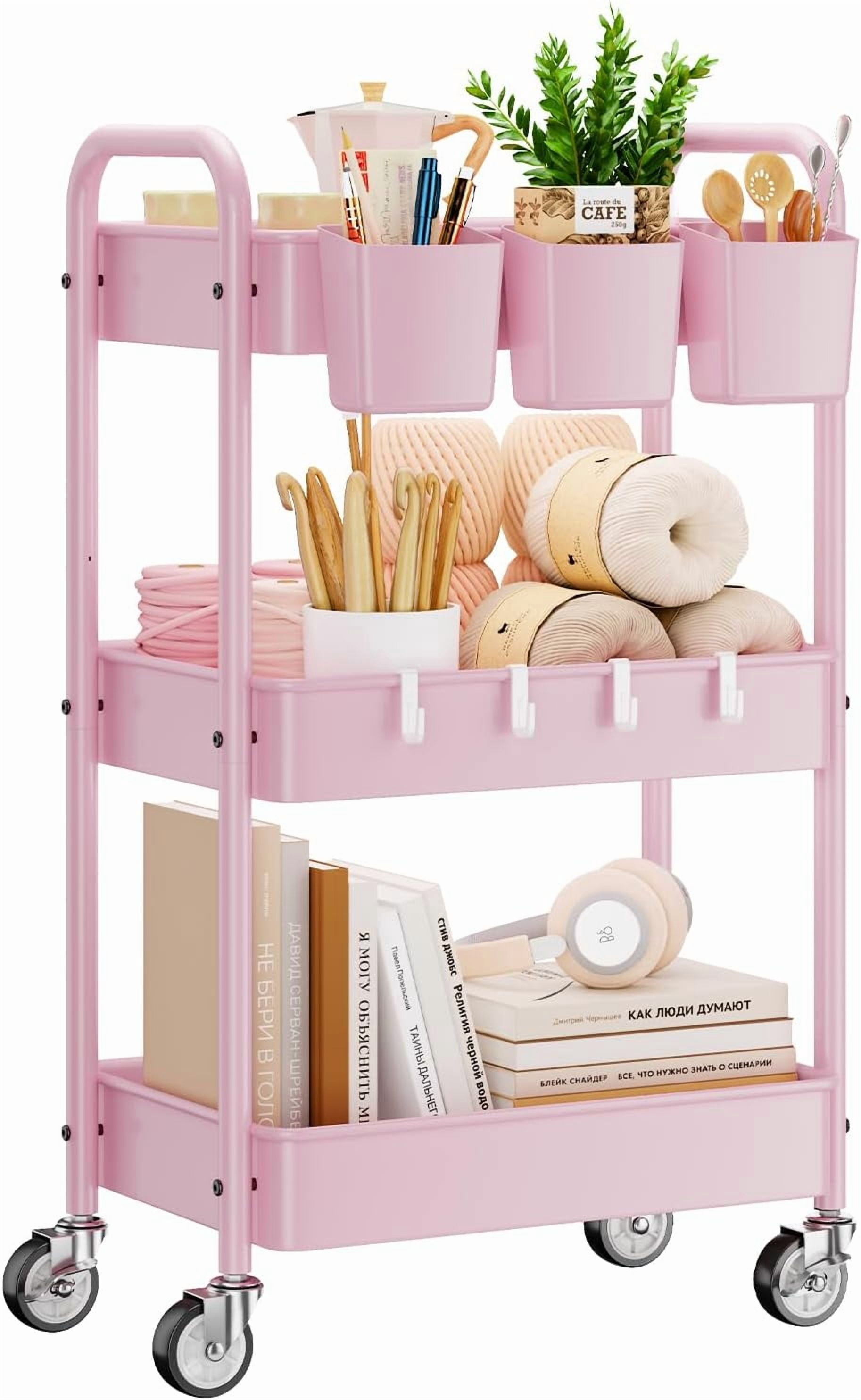 3-Tier Metal Rolling Cart, Heavy Duty Utility Cart with Lockable Wheels, Hanging Cups, Hooks, Mesh Rolling Storage Cart Craft Organizer, Lightweight and Sturdy, Pink