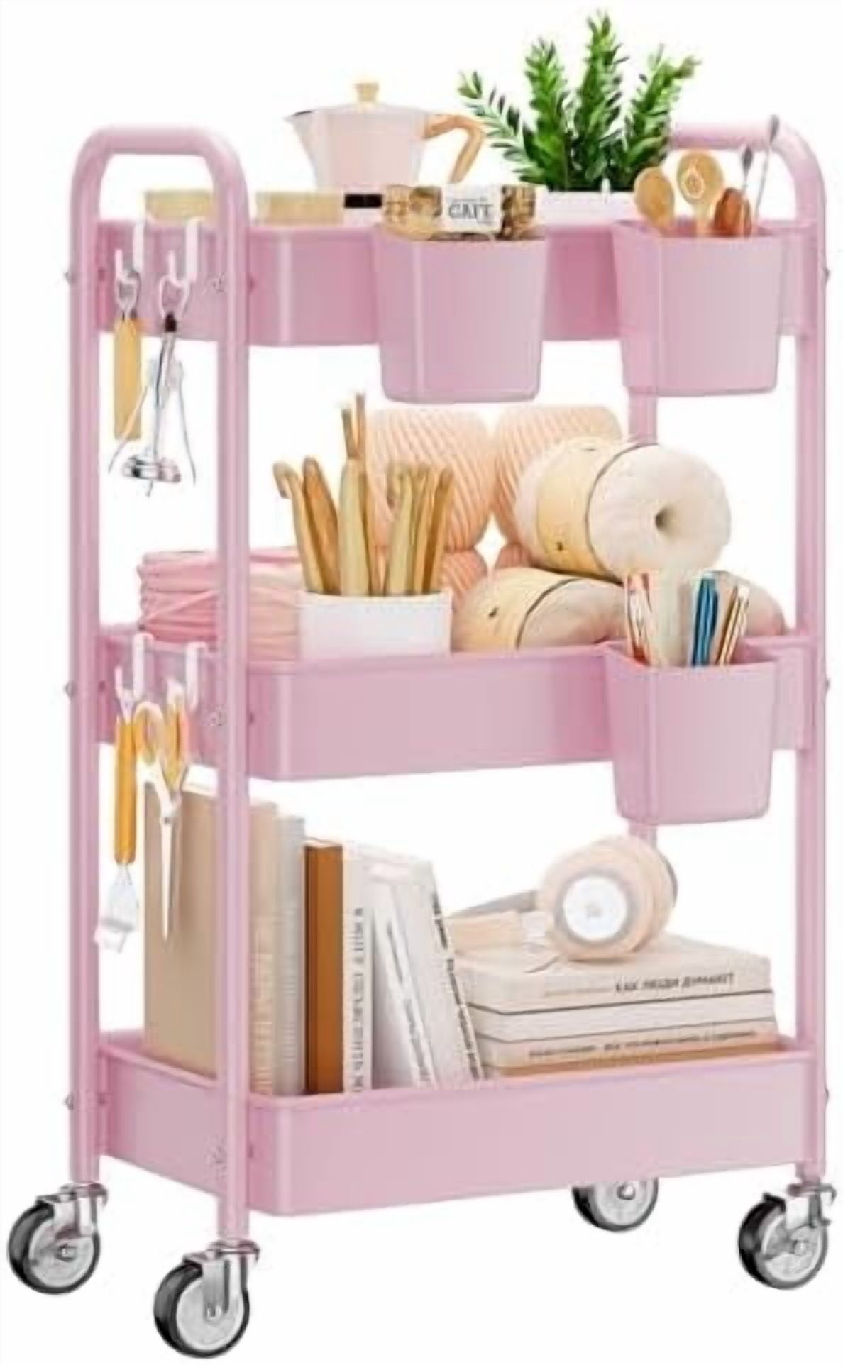 3-Tier Metal Rolling Cart, Heavy Duty Utility Cart with Lockable Wheels, Hanging Cups, Hooks, Mesh Rolling Storage Cart Craft Organizer, Lightweight and Sturdy, Pink