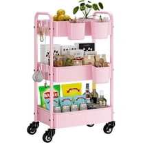 3-Tier Metal Rolling Cart, Heavy Duty Utility Cart with Wheels, 3 Hanging Cups and Hooks, Rolling Storage Cart Organizer for Kitchen Bathroom Office, Pink