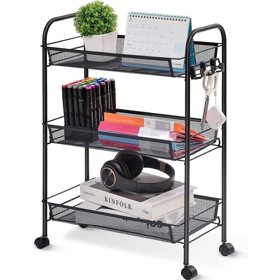 Black Metal 3-Tier Rolling Utility Storage Cart