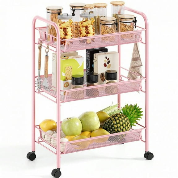 3-Tier Metal Rolling Cart, Mesh Wire Easy Assemble Utility Cart, Storage Trolley On Wheels With 3 Hooks, MetalStorage Shelving Units For Kitchen Bathroom Laundry Room Outdoor Decor