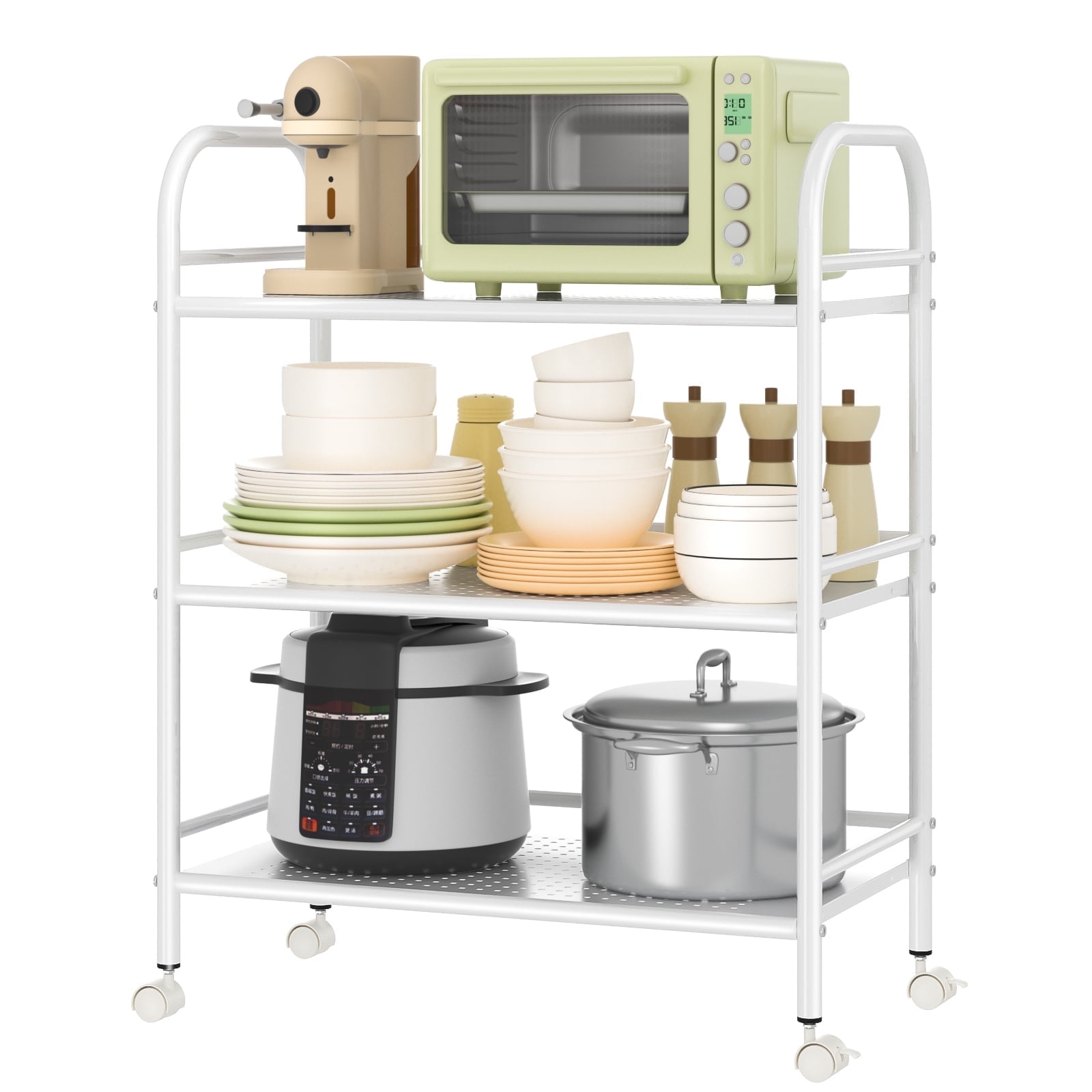 Cshidworld 3-Tier Metal Rolling Cart, Shelving Unit Storage Rack Kitchen Cart Island with Shelves, Heavy Duty Multifunctional Metal Frame with 2 Lockable Wheels for Home Office Kitchen Bedroom, White