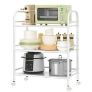 Cshidworld 3-Tier Metal Rolling Cart, Shelving Unit Storage Rack Kitchen Cart Island with Shelves, Heavy Duty Multifunctional Metal Frame with 2 Lockable Wheels for Home Office Kitchen Bedroom, White