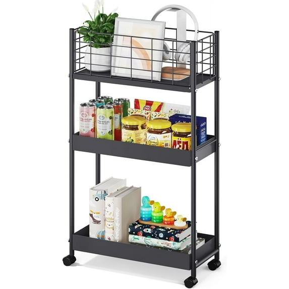 3-Tier Metal Rolling Cart, Slim Storage Cart, Mobile Shelving Unit Trolley with Wheels, Bathroom Tier,Bathroom Organizer Utility for Laundry Room, Office, Narrow Place, Black