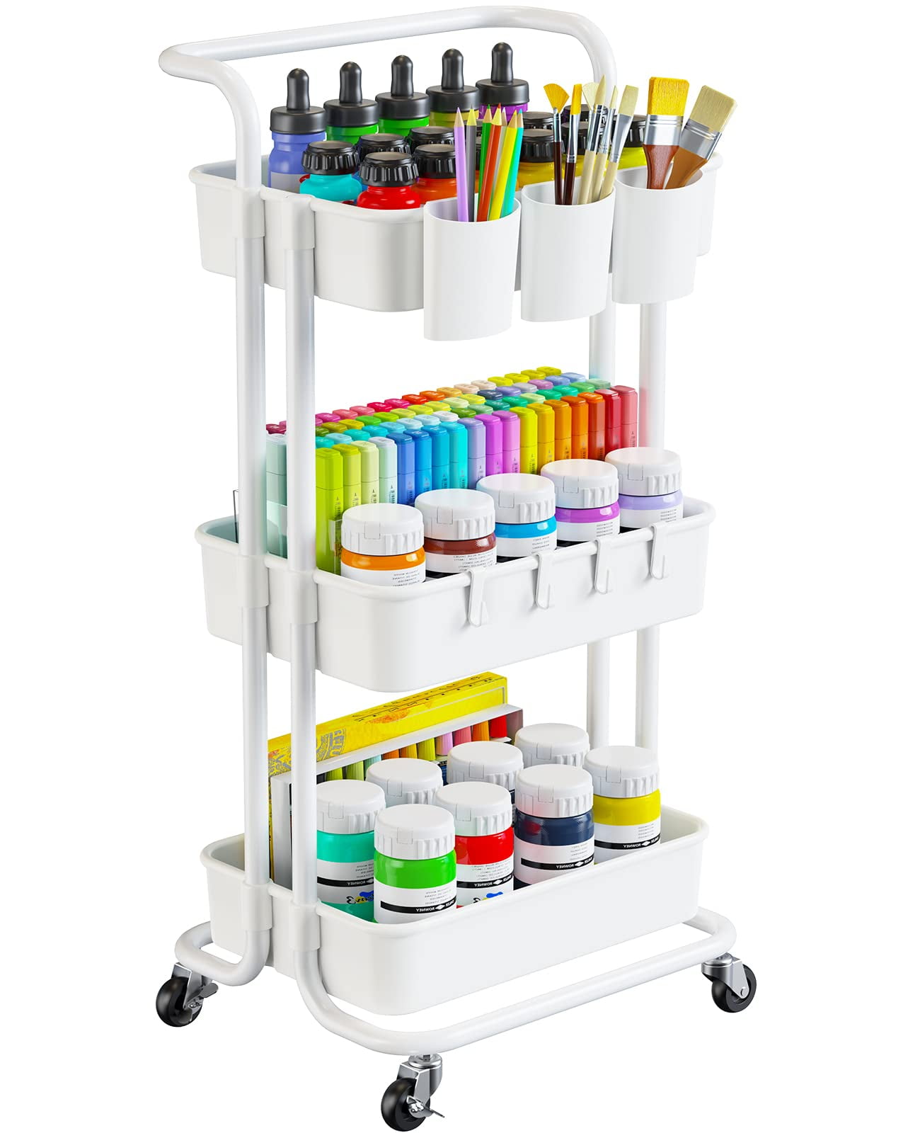 White 3-Tier Metal Rolling Utility Cart with Lockable Wheels