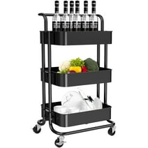 3-Tier Metal Rolling Cart Utility Cart Storage Cart with Lockable Wheels for Kitchen Bathroom Office(Black)