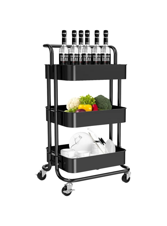 3-Tier Metal Rolling Cart Utility Cart Storage Cart with Lockable Wheels for Kitchen Bathroom Office(Black)