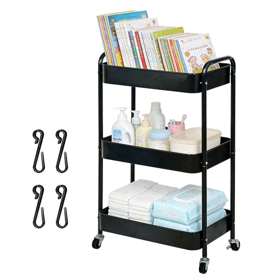 ZOES HOMEWARE 3 Tier Rolling Cart, Metal Rolling Storage Cart with Wheels & Handle for Nursery, Office, Living Room, Kitchen with 4 Hooks, Black