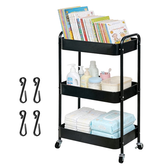 ZOES HOMEWARE 3 Tier Rolling Cart, Metal Rolling Storage Cart with Wheels & Handle for Nursery, Office, Living Room, Kitchen with 4 Hooks, Black