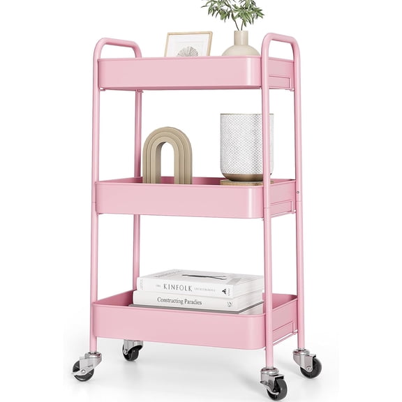 3-Tier Metal Rolling Cart with Wheels, Storage Utility Organizer Cart for Kitchen, Bathroom, Office, Baby Essentials & Makeup - Lockable Casters, Easy Assembly, Large Capacity, Pink