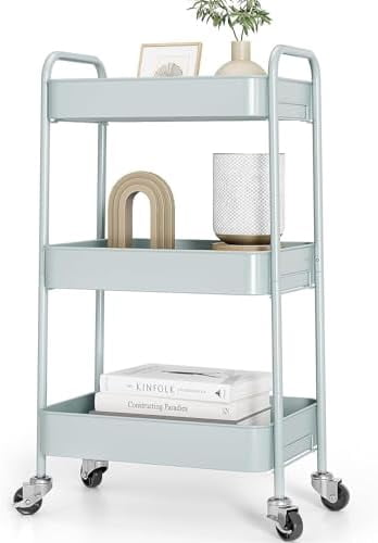 3-Tier Metal Rolling Cart with Wheels, Storage Utility Organizer Cart for Kitchen, Bathroom, Office, Baby Essentials & Makeup - Lockable Casters, Easy Assembly, Large Capacity, Green